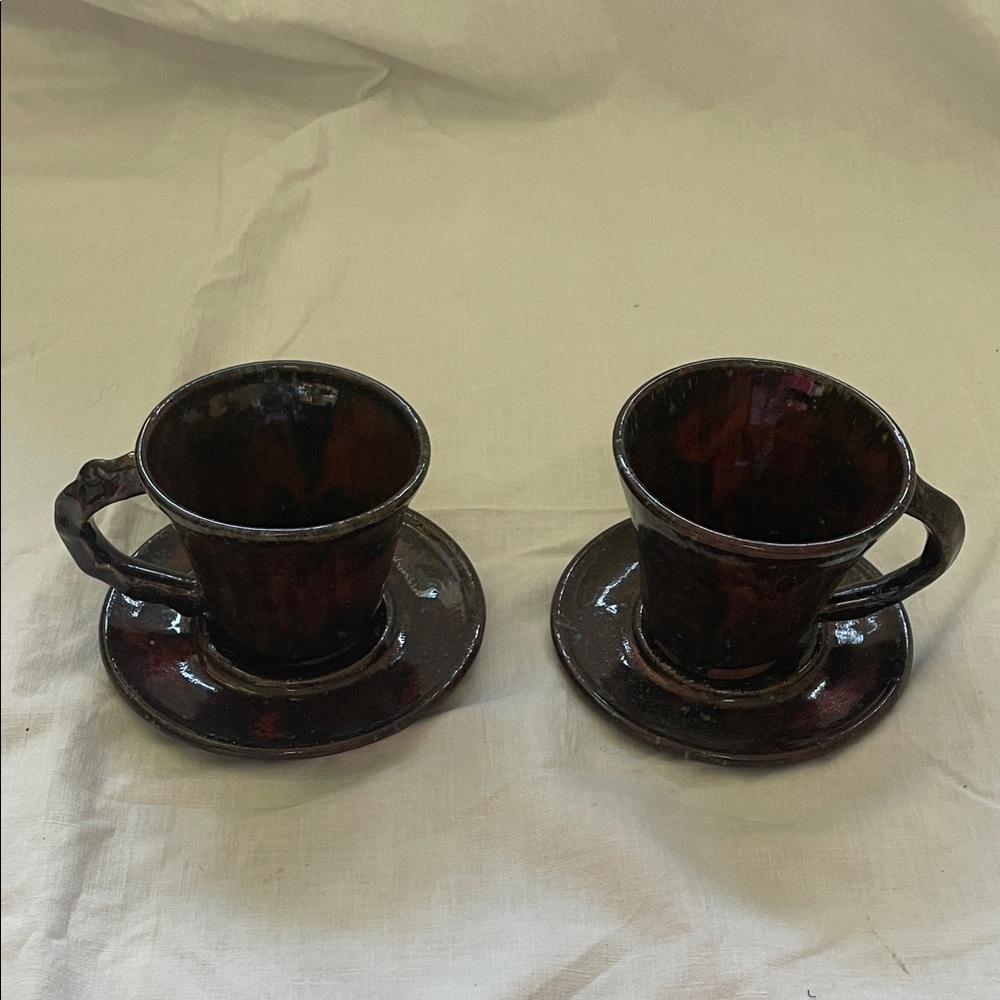 Hand Made Pottery Coffee Tea Cups with Saucers